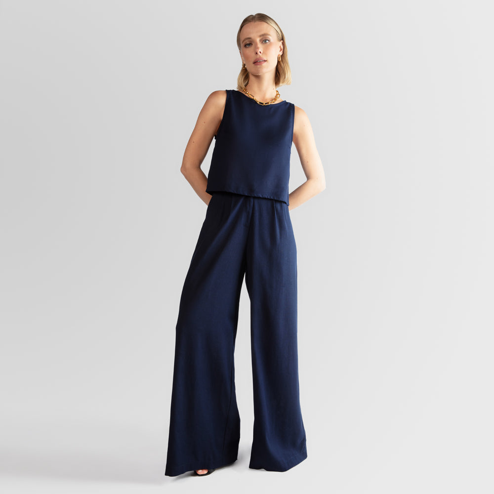 Calça Pantalona Linho com Viscose Feminina - Azul Marinho