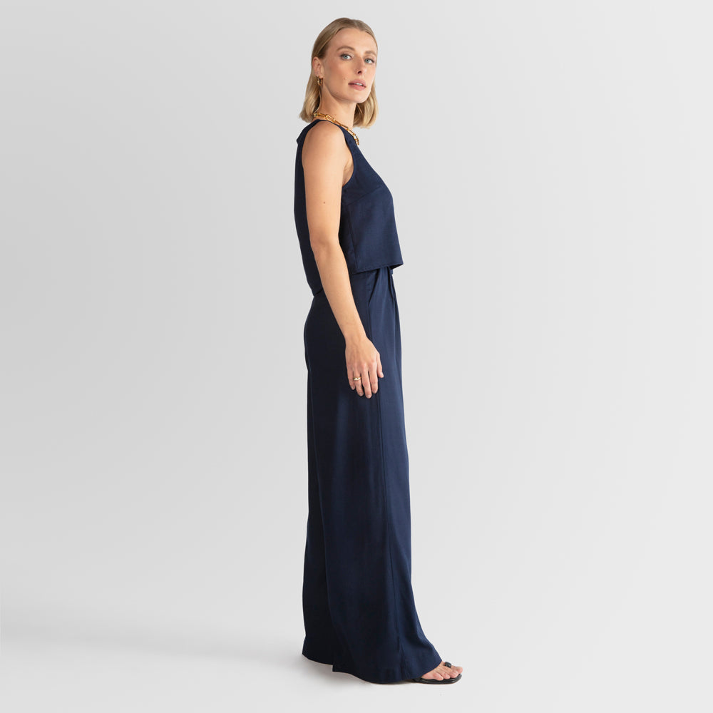 Calça Pantalona Linho com Viscose Feminina - Azul Marinho