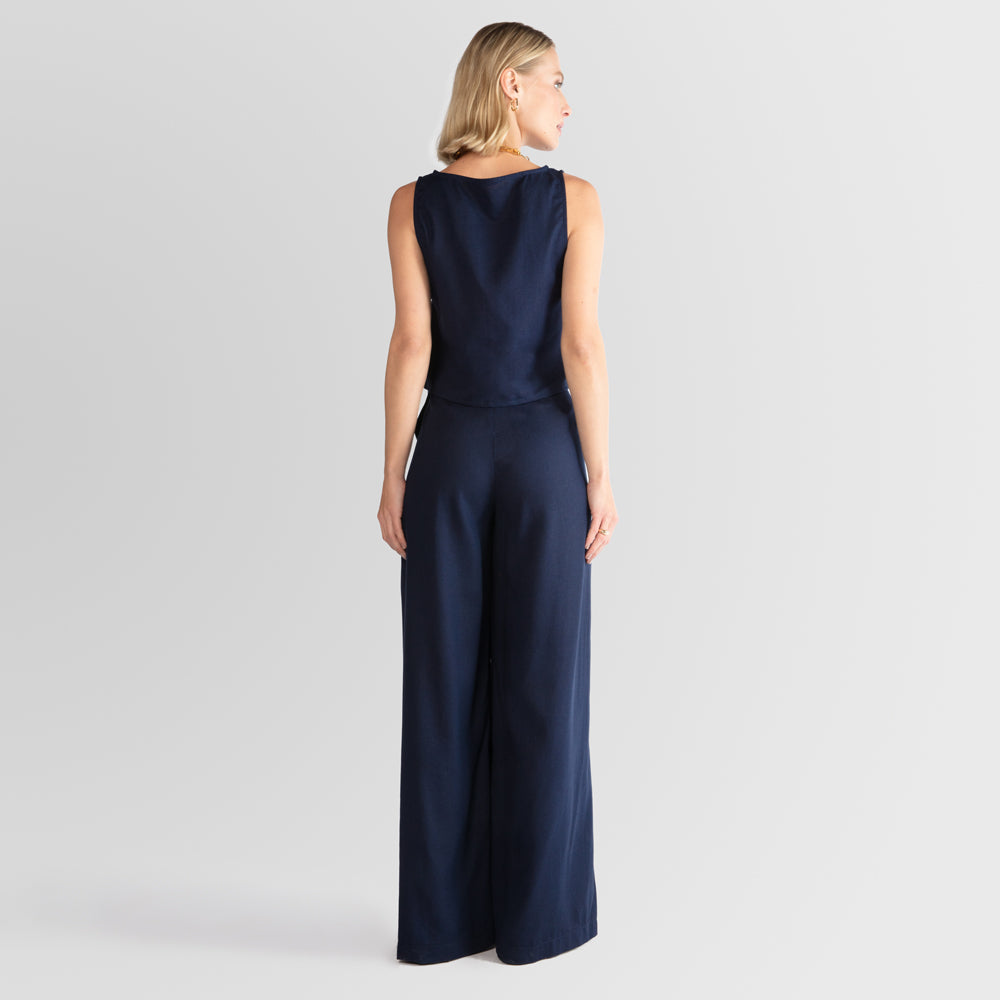 Calça Pantalona Linho com Viscose Feminina - Azul Marinho
