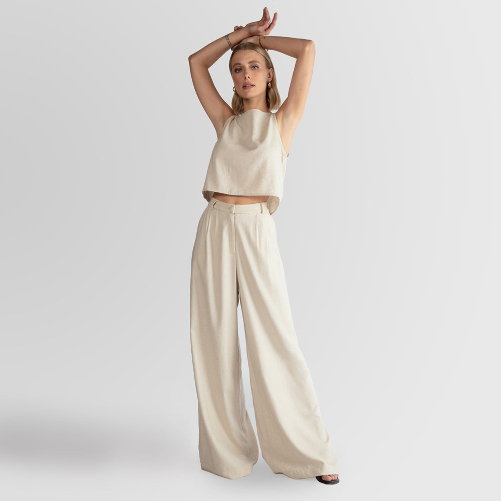 Calça Pantalona Linho com Viscose Feminina - Bege