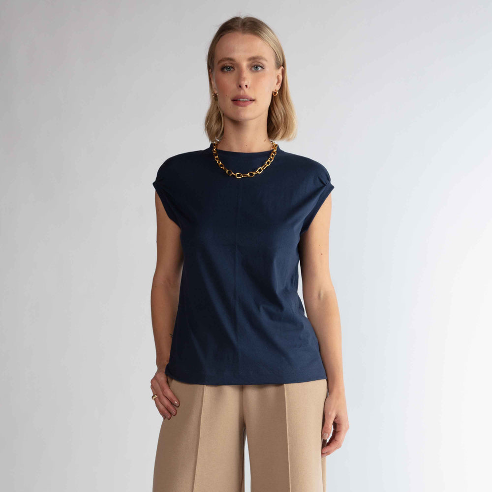 Blusa Algodão Ultraleve Franzida Feminina - Azul Marinho