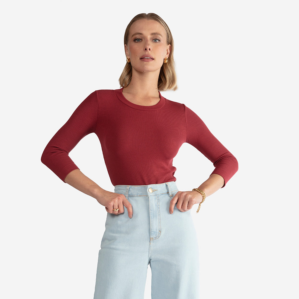 Blusa Canelada Viscose Manga 3/4 Feminina - Marsala