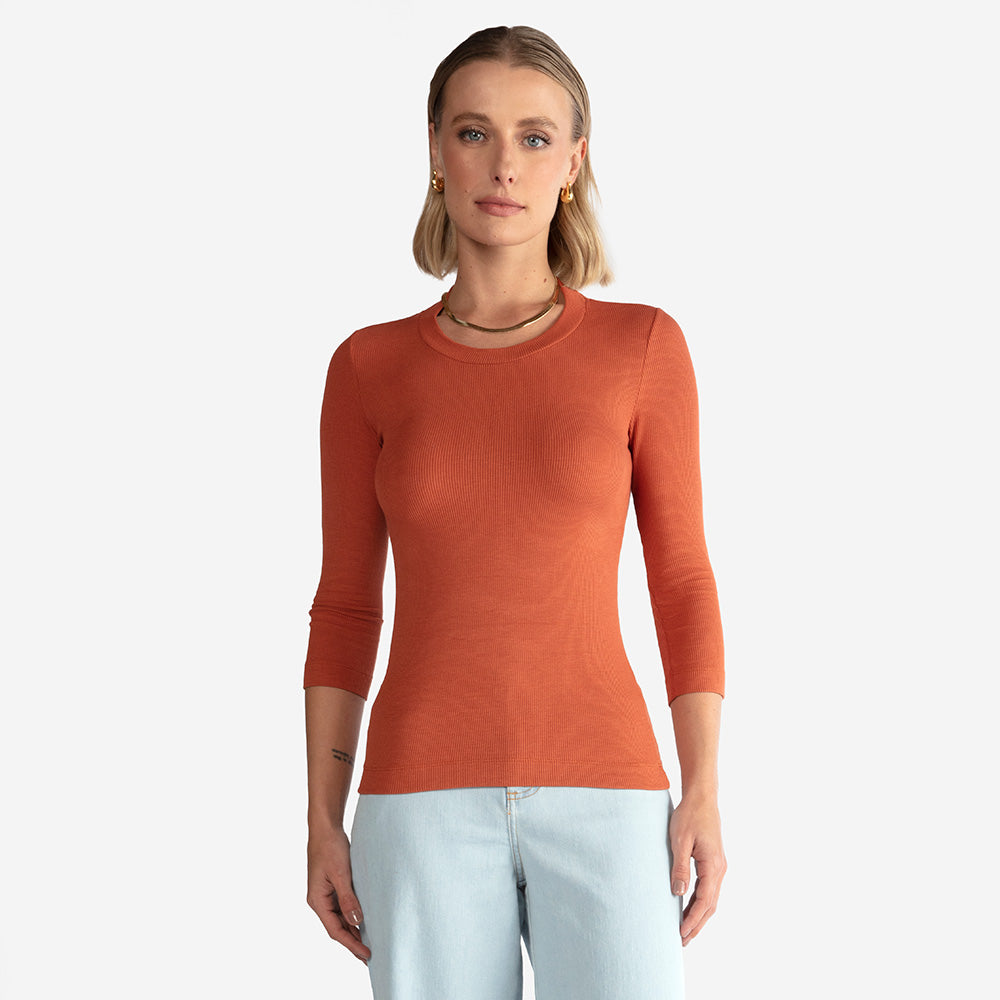 Blusa Canelada Viscose Manga 3/4 Feminina - Ferrugem