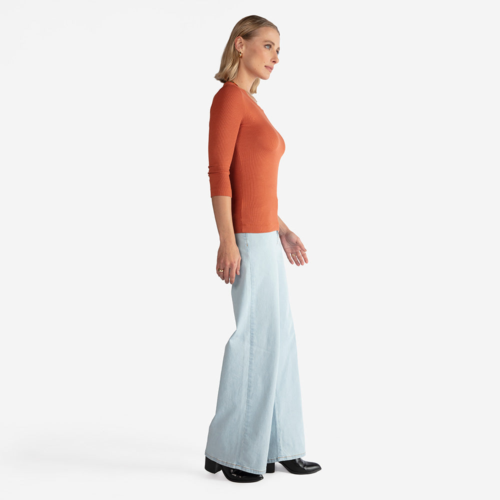 Blusa Canelada Viscose Manga 3/4 Feminina - Ferrugem
