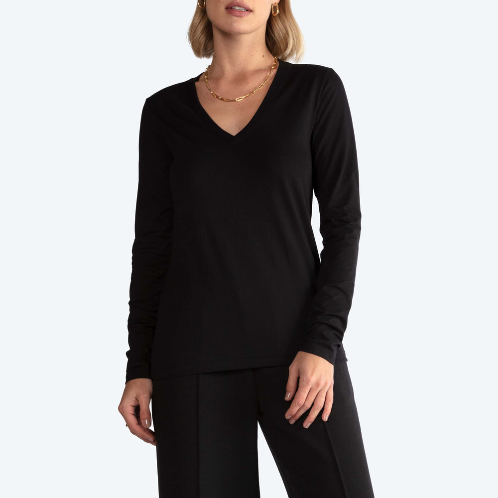 Camiseta Perfeita Pima Manga Longa Gola V Feminina - Preto