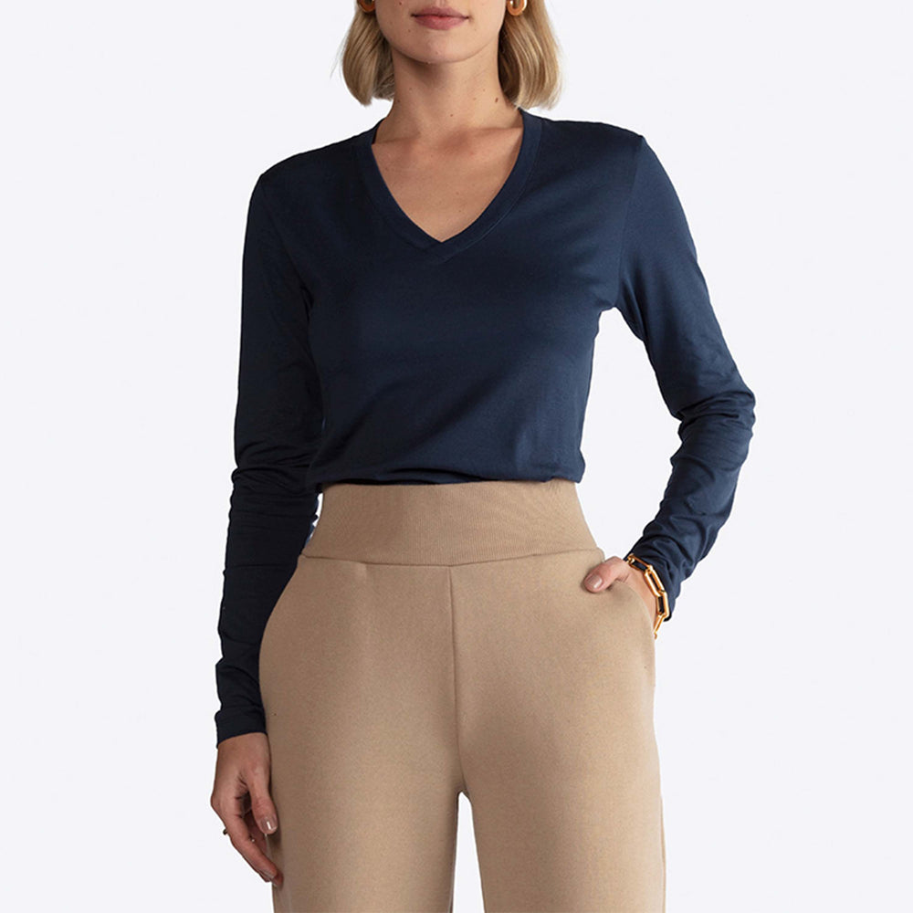 Camiseta Perfeita Pima Manga Longa Gola V Feminina - Azul Marinho