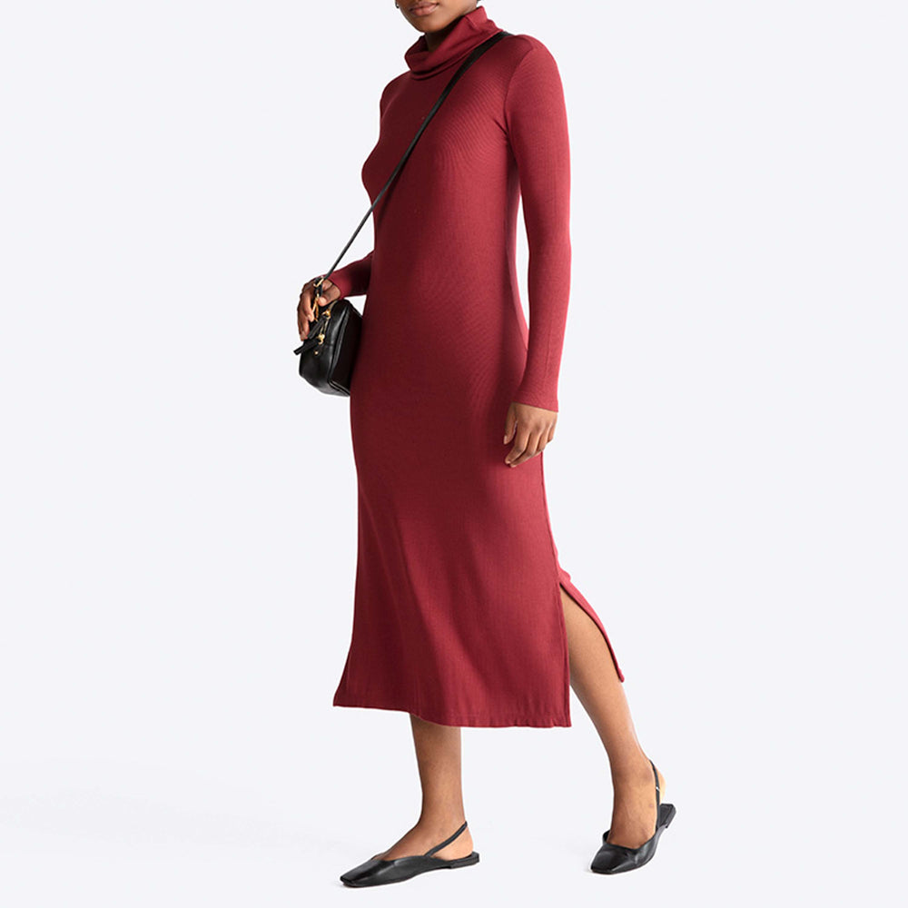 Vestido Midi Canelado Viscose Gola Rolê - Marsala