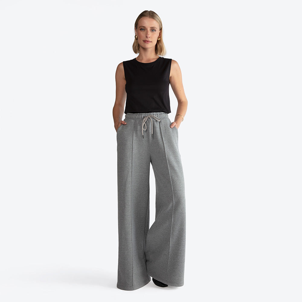 Calça Wide Leg Moletom Felpa Feminina - Mescla Escuro