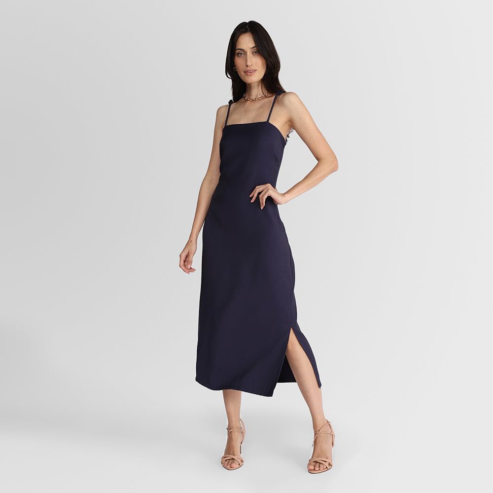 Vestido Midi Alças Nó - Azul Marinho