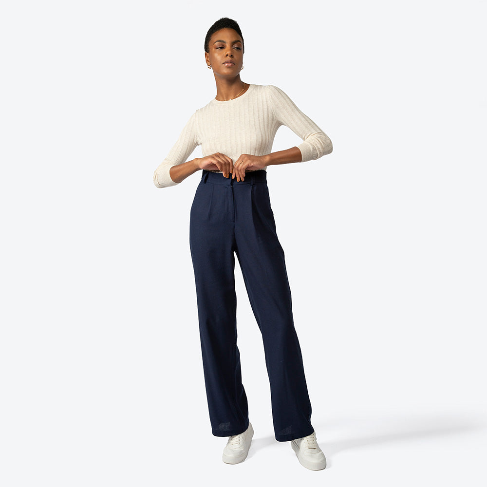 Calça Reta Linho com Viscose Feminina - Azul Marinho
