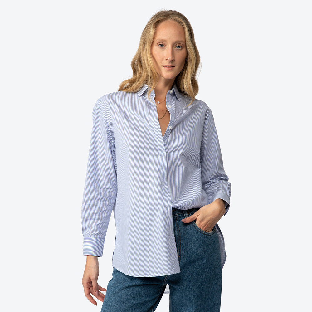 Camisa Listras Ampla Feminina - Listrado Branco Azul