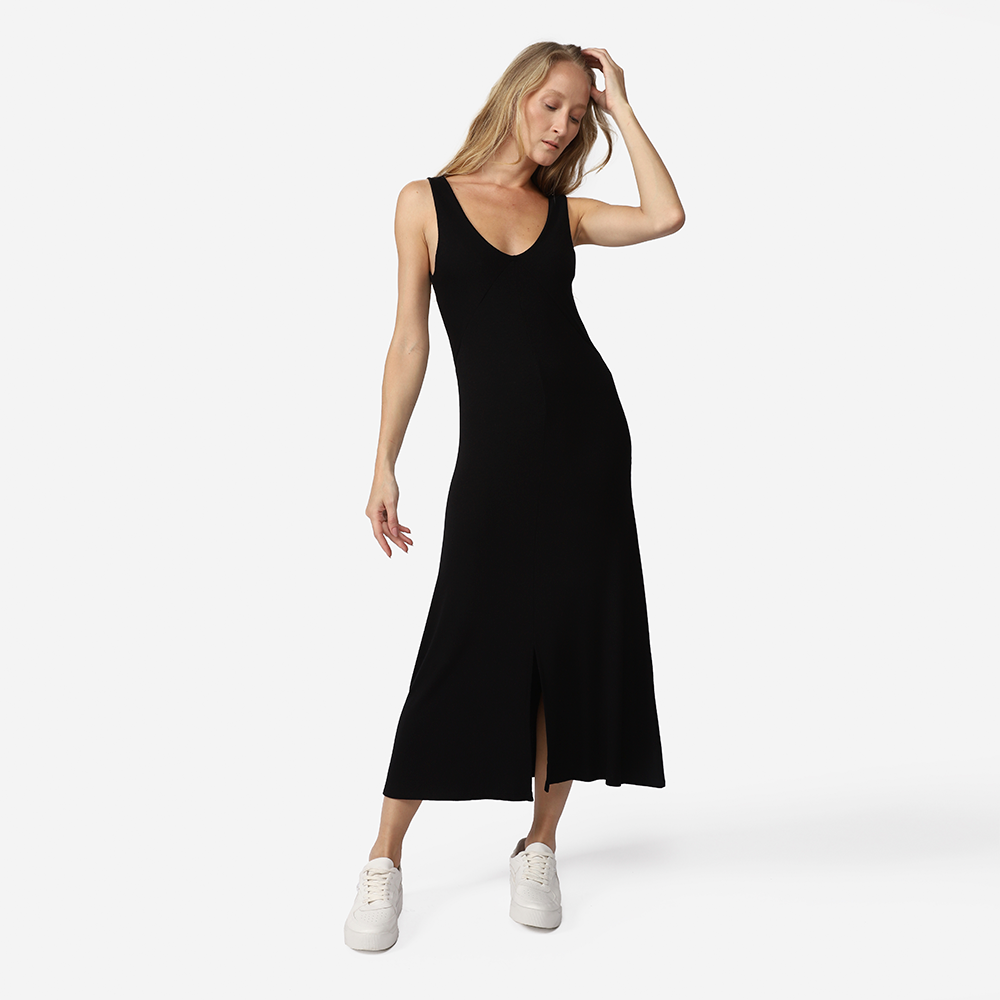 Vestido Midi Canelado Viscose Reto - Preto