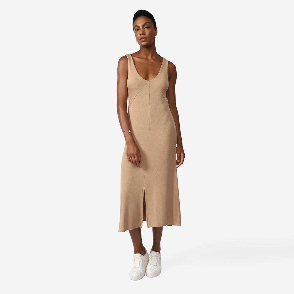 Vestido Midi Canelado Viscose Reto - Bege Pastel