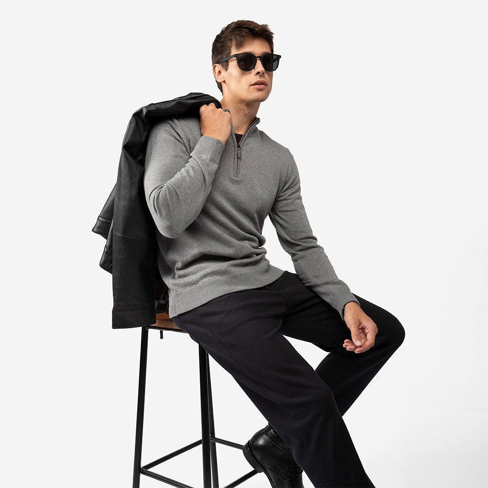 Blusa Tricot 1/2 Vista com Zíper Masculina - Cinza