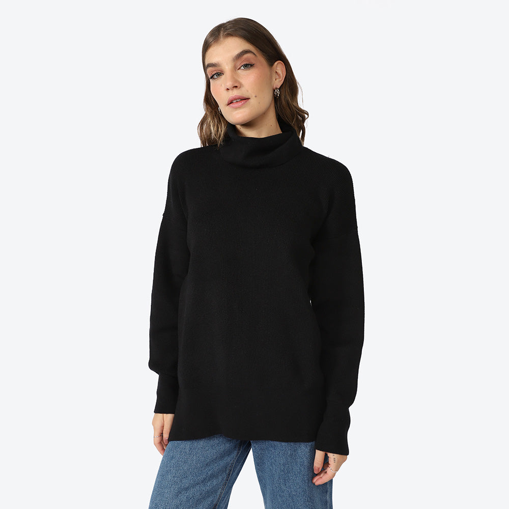 Suéter Gola Rolê Tricot Viscose Amplo Feminino - Preto