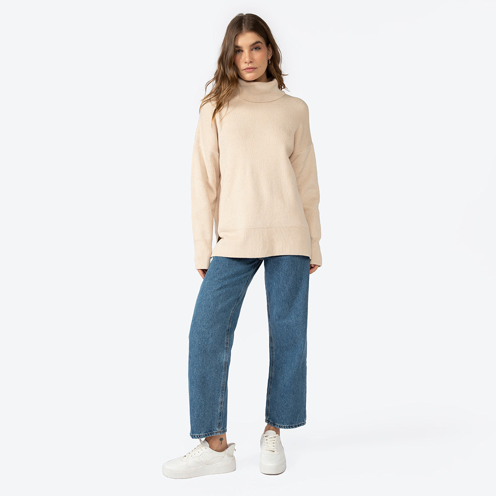 Suéter Gola Rolê Tricot Viscose Amplo Feminino - Bege