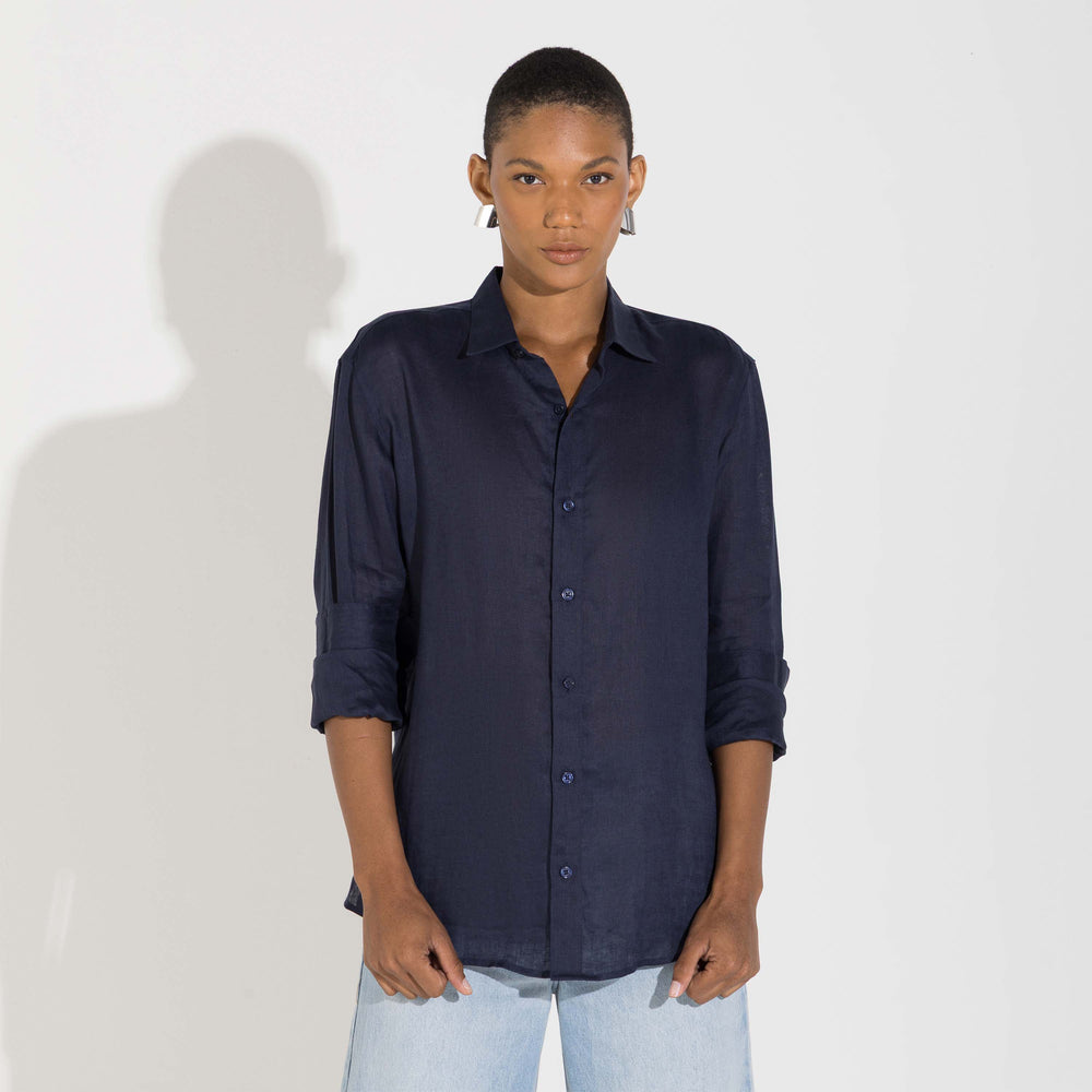 Camisa Linho Manga Longa - Azul Marinho