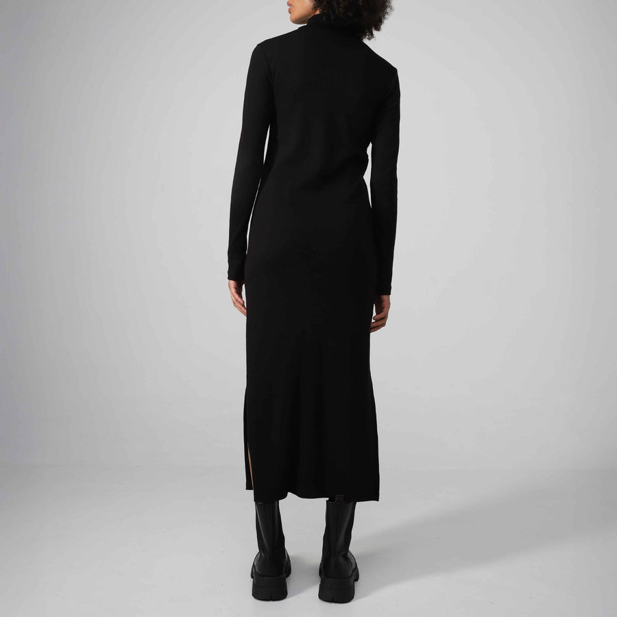 Vestido Midi Canelado Algodão Gola Rolê - Preto