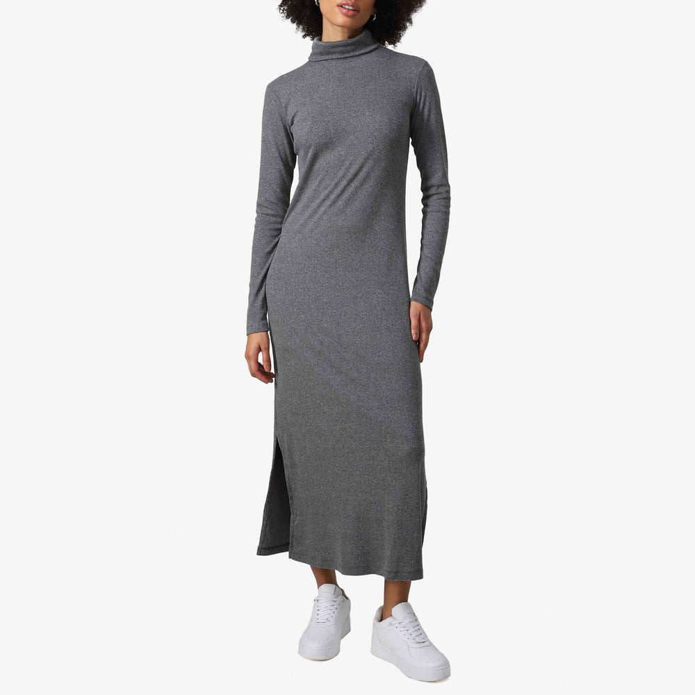 Vestido Midi Canelado Algodão Gola Rolê - Mescla Escuro