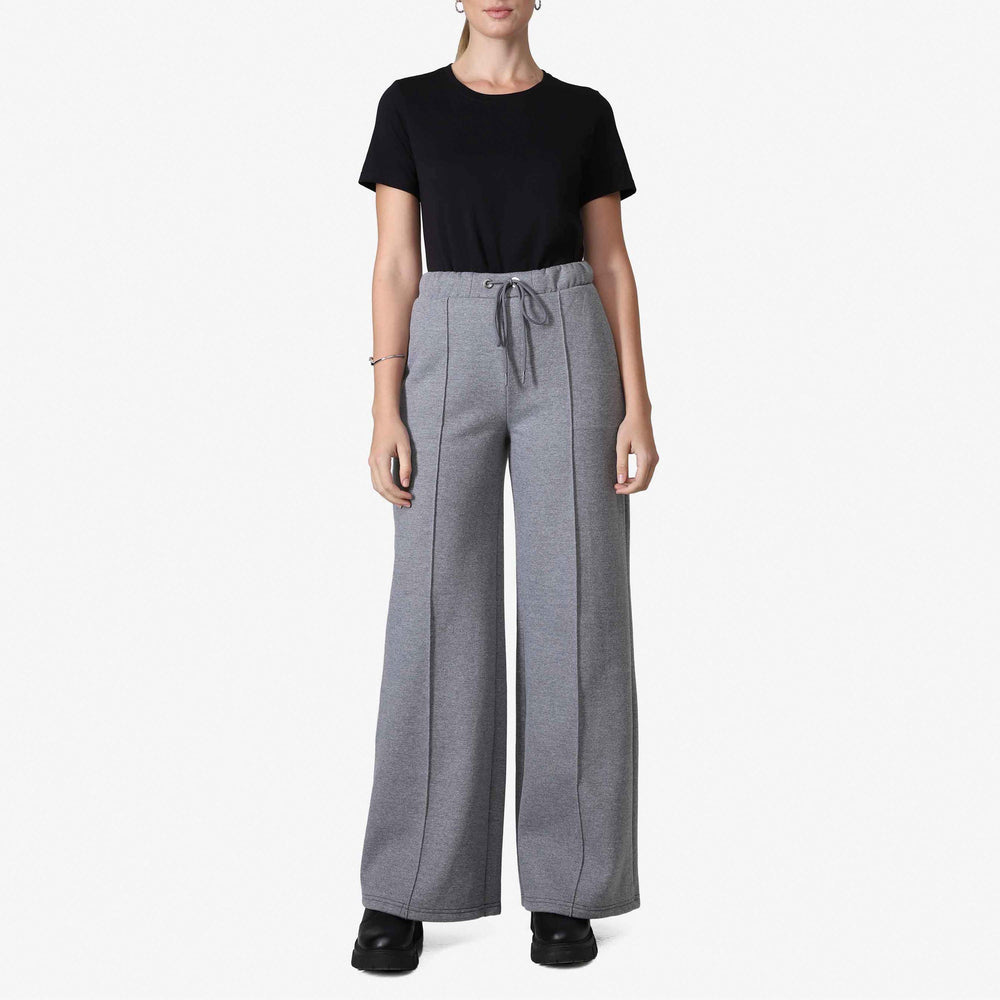 Calça Wide Leg Moletom Flanelado Feminina - Mescla Escuro