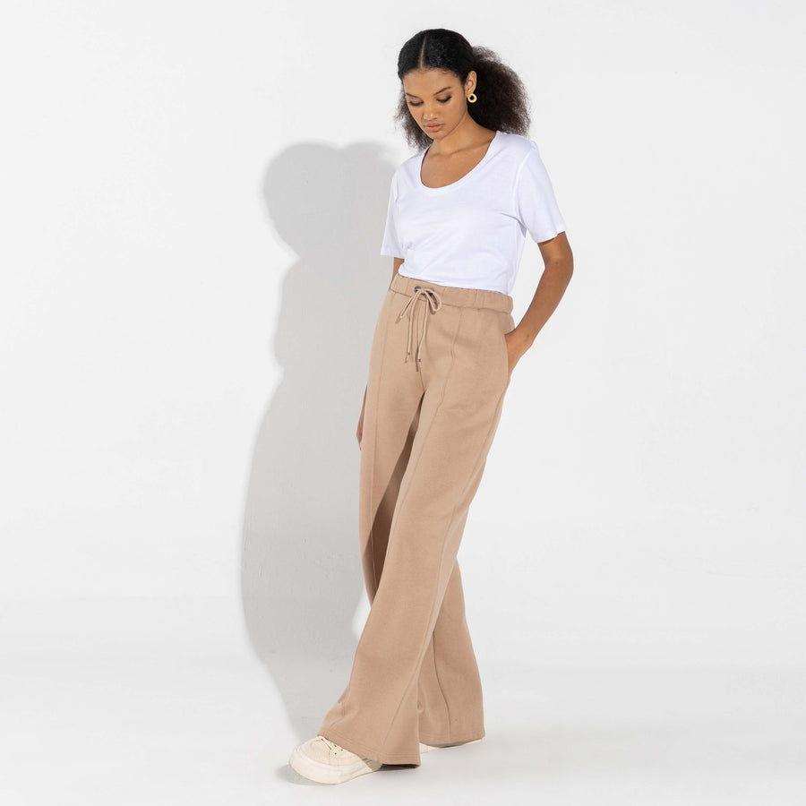 Calça Wide Leg Moletom Flanelado Feminina - Bege Camel