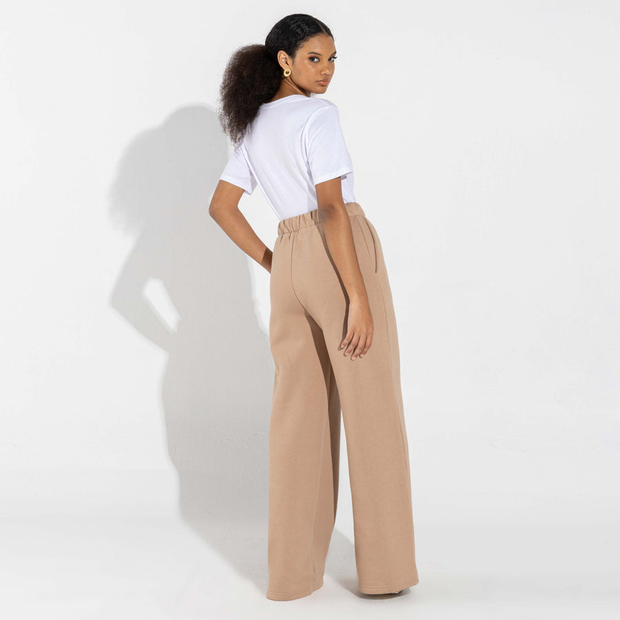 Calça Wide Leg Moletom Flanelado Feminina - Bege Camel