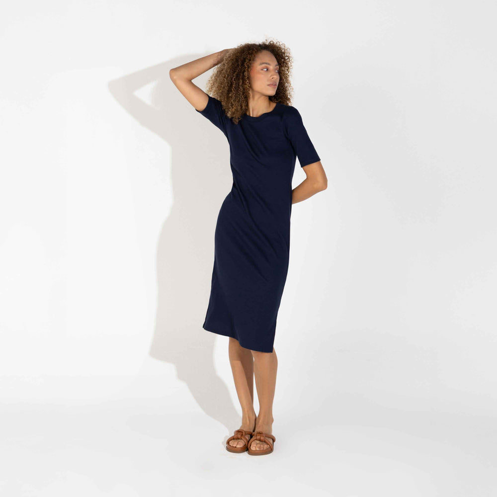 Vestido Midi Canelado Algodão Manga Curta - Azul Marinho