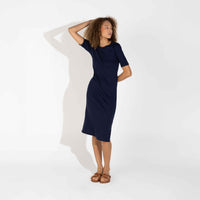 Vestido Midi Canelado Algodão Manga Curta - Azul Marinho