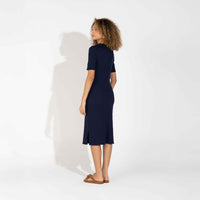 Vestido Midi Canelado Algodão Manga Curta - Azul Marinho