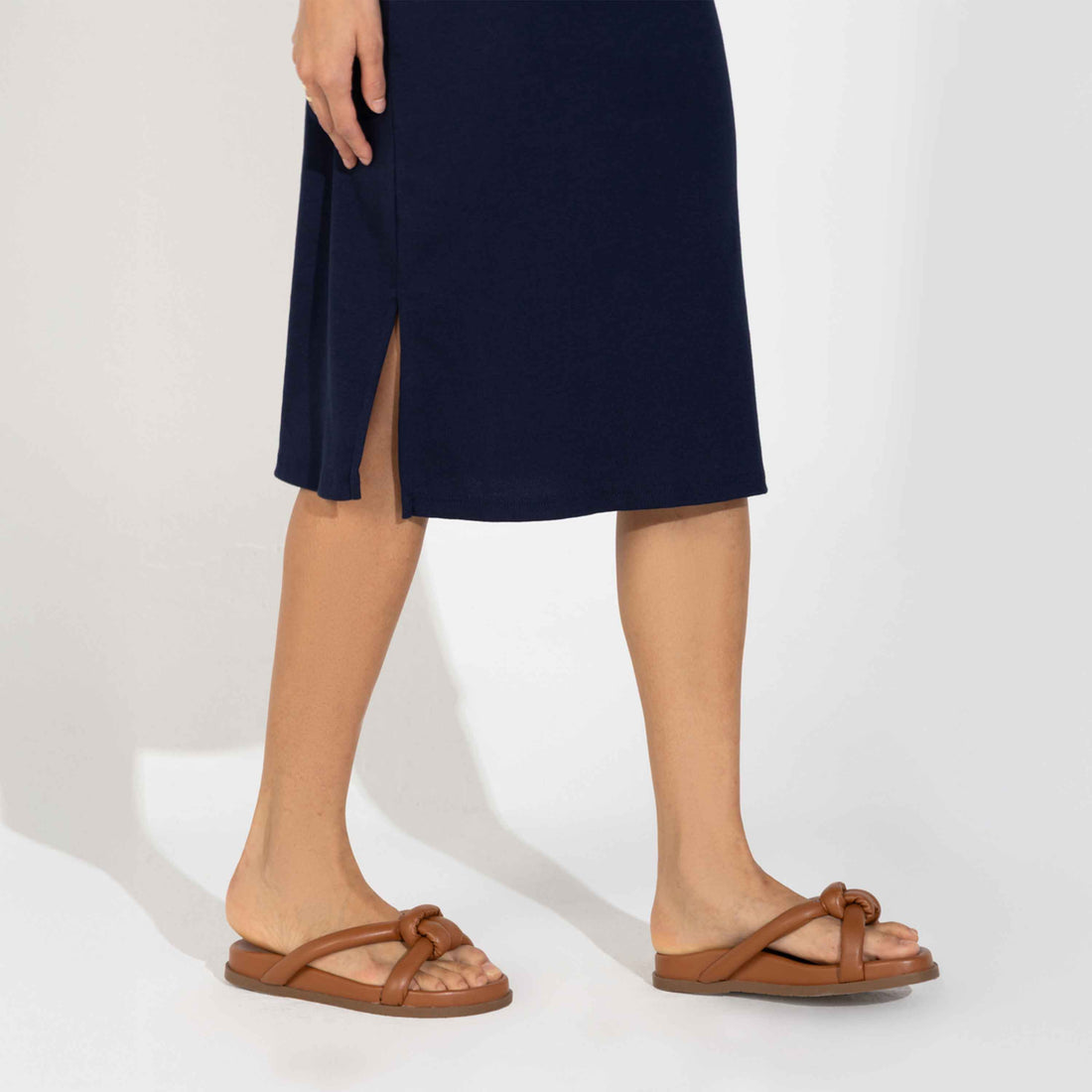Vestido Midi Canelado Algodão Manga Curta - Azul Marinho