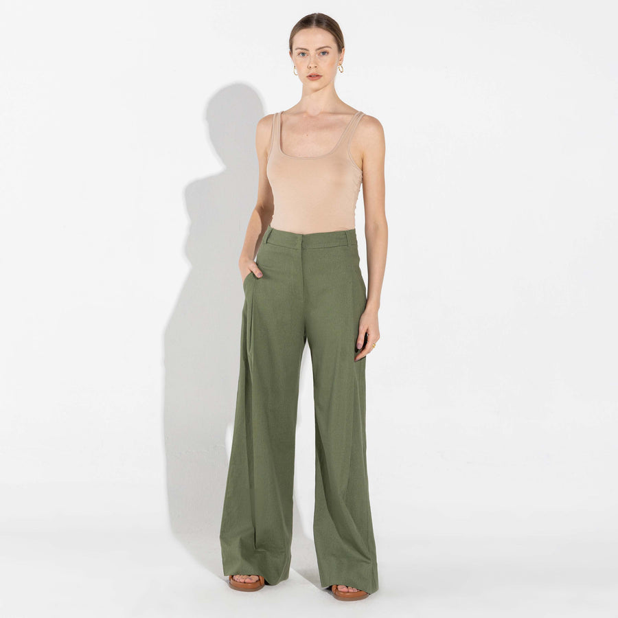 Calça Wide Linho Feminina - Verde Militar