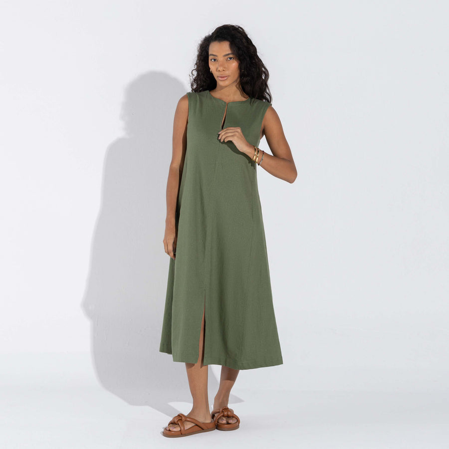 Vestido Midi Linho - Verde Militar