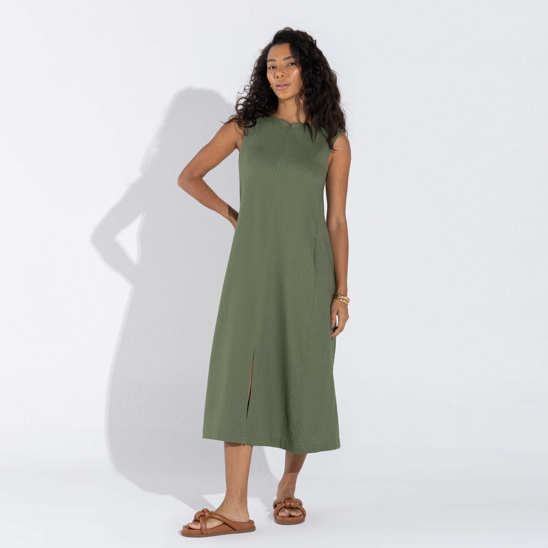 Vestido Midi Linho - Verde Militar