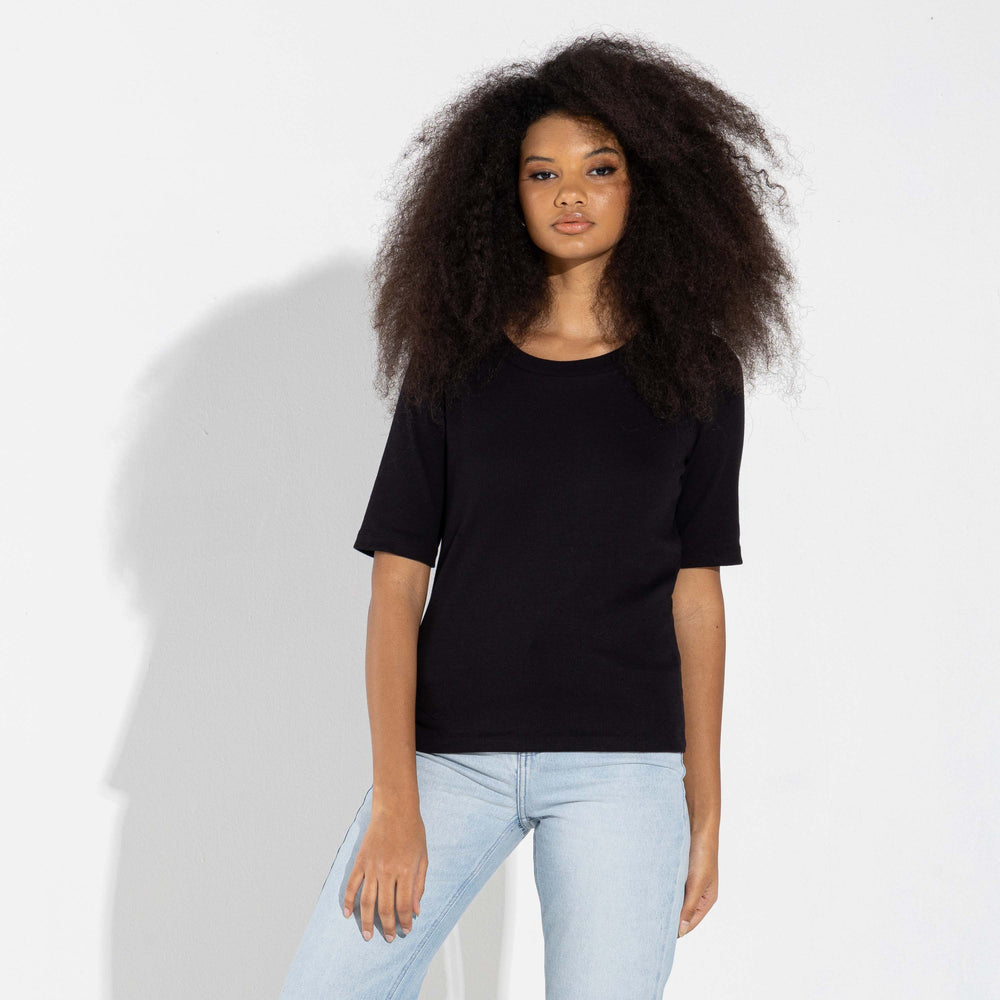 Blusa Algodão Canelado Manga Curta Feminina - Preto