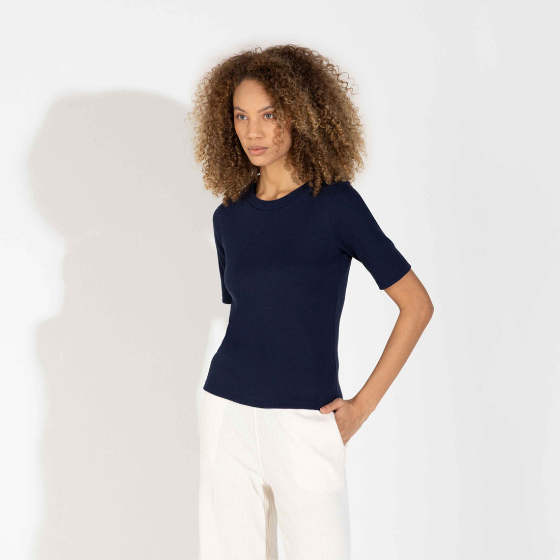 Blusa Algodão Canelado Manga Curta Feminina - Azul Marinho