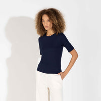 Blusa Algodão Canelado Manga Curta Feminina - Azul Marinho