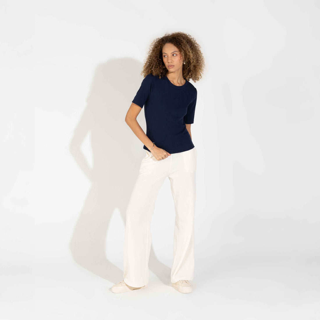 Blusa Algodão Canelado Manga Curta Feminina - Azul Marinho