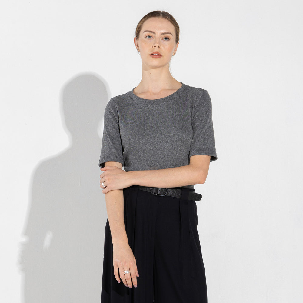 Blusa Algodão Canelado Manga Curta Feminina - Mescla Escuro