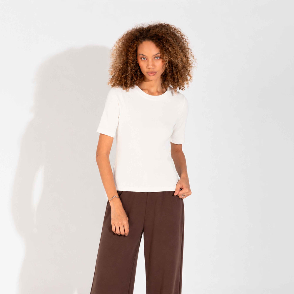 Blusa Algodão Canelado Manga Curta Feminina - Off White