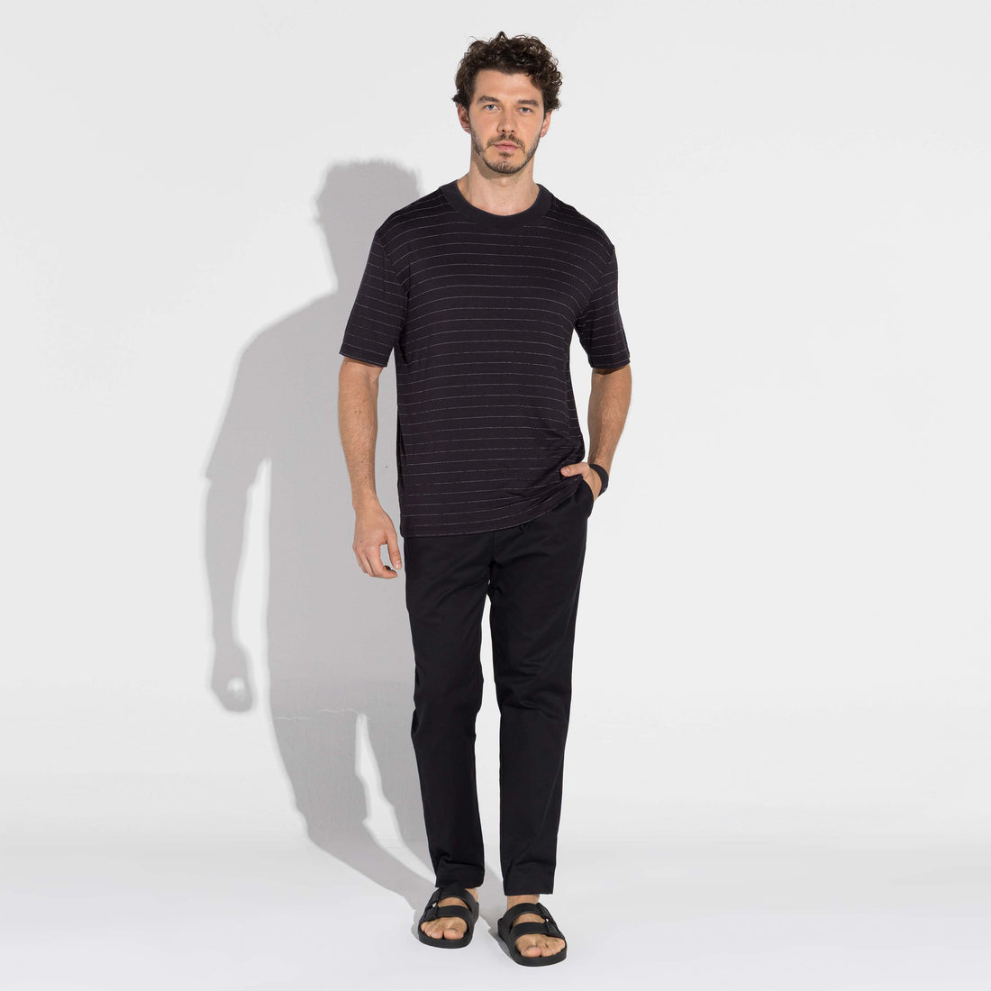 Camiseta Viscose Listras Masculina - Listras Preto E Off Vanilla