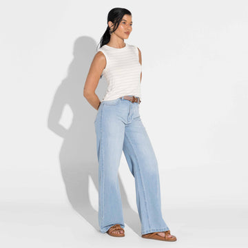 Regata Viscose Listras Feminina - Listras Off Vanilla E Azul Marinho