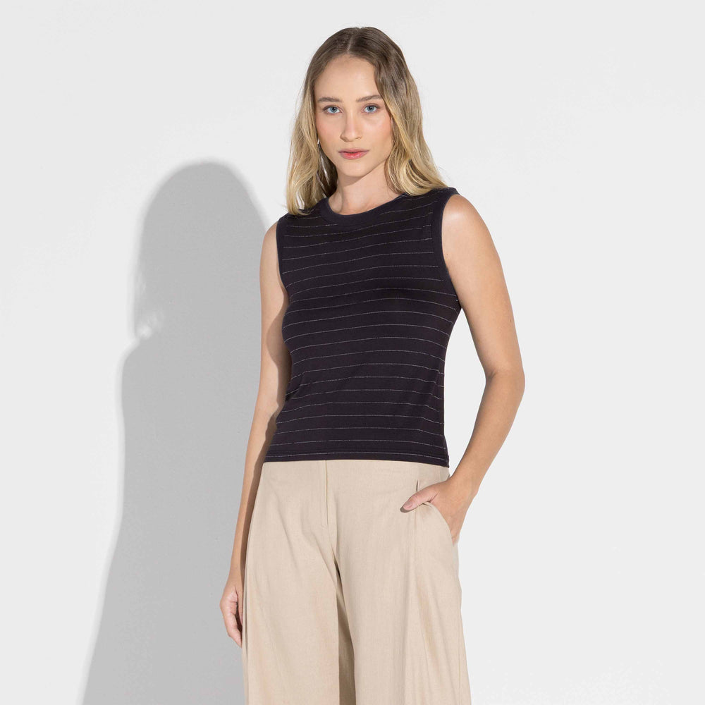 Regata Viscose Listras Feminina - Listras Preto E Off Vanilla