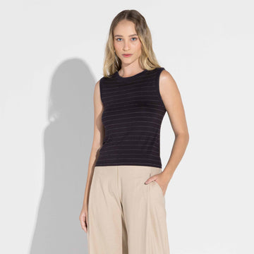 Regata Viscose Listras Feminina - Listras Preto E Off Vanilla