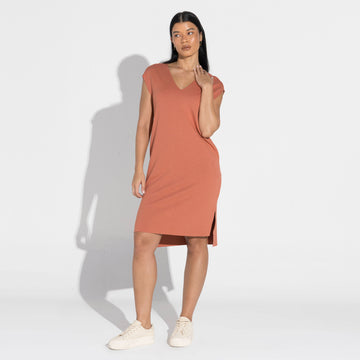 Vestido Dense Viscose Decote V - Ferrugem