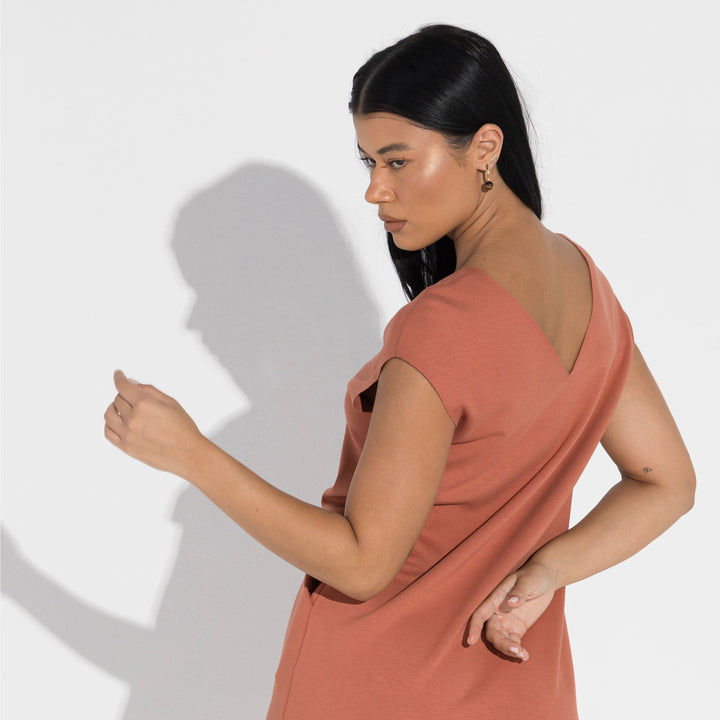 Vestido Dense Viscose Decote V - Ferrugem