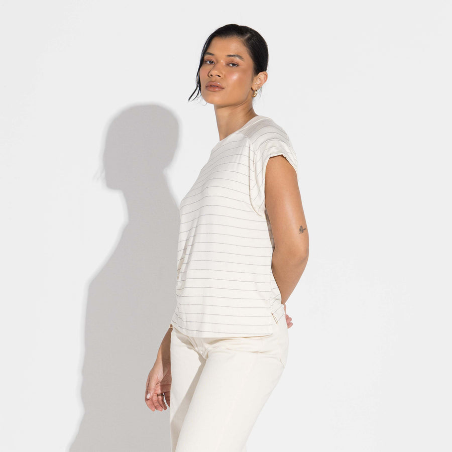 Camiseta Viscose Listras Feminina - Listras Off Vanilla E Azul Marinho