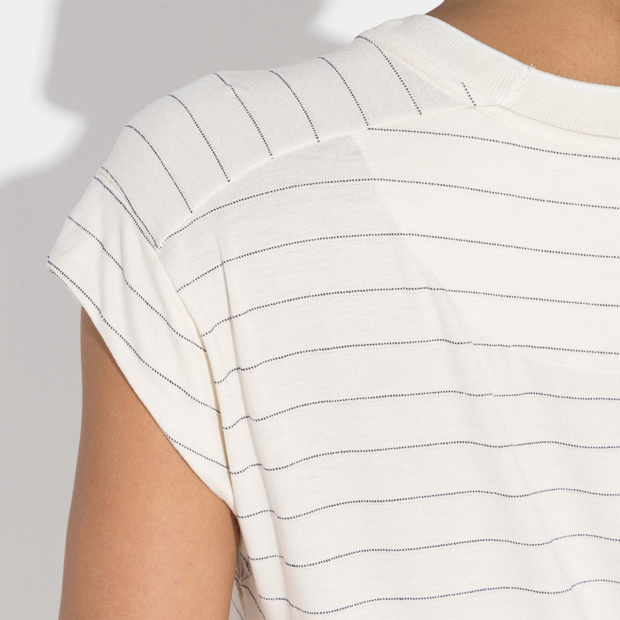Camiseta Viscose Listras Feminina - Listras Off Vanilla E Azul Marinho