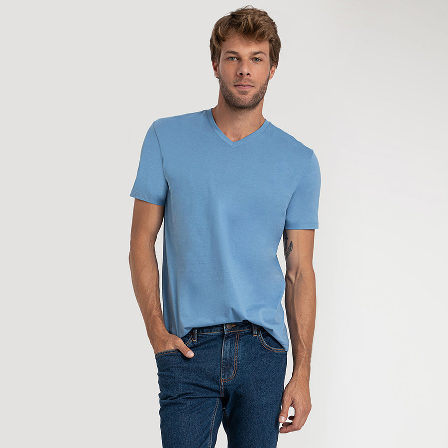 Camiseta Algodão Premium Gola V Masculina | Everyday Collection - Azul Celeste