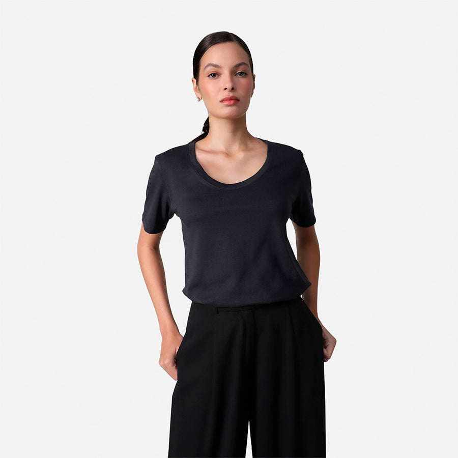 Camiseta Algodão Pima Gola U Feminina | Life T-Shirt - Cinza Escuro