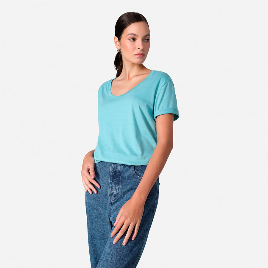 Camiseta Algodão Pima Gola U Feminina | Life T-Shirt - Azul Turquesa